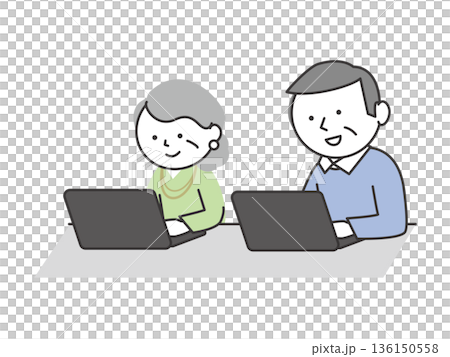 Senior men and women learning how to use a PC. Illustration of Japanese elderly people studying in a computer class. 136150558