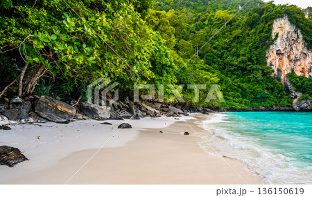 View of monkey beach at Ko Phi Phi islands, Thailand. Famous tropical beach with white sand and turquoise water. View from long tail boat. Summer paradise. View of monkey beach at Ko Phi Phi islands, Thailand. Famous tropical beach with white sand and turquoise water. View from long tail boat. Summer paradise. 136150619