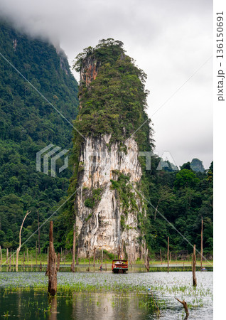 View of Khao Sok Lake in Krabi province, Thailand, with towering limestone cliffs covered in tropical rainforest rising above the calm surface of the lake. View of Khao Sok Lake in Krabi province, Thailand, with towering limestone cliffs covered in tropical rainforest rising above the calm surface of the lake. 136150691
