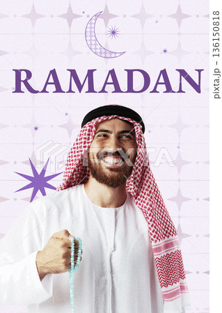 Ramadan celebration with a man holding prayer beads and smiling during the holy month 136150818