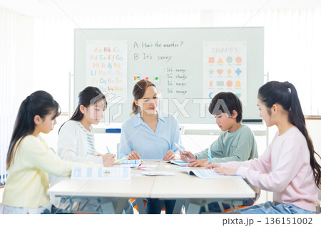 教育 英会話教室でレッスンを受ける子供とネイティブ講師のポートレート 教育 英会話教室でレッスンを受ける子供とネイティブ講師のポートレート 136151002