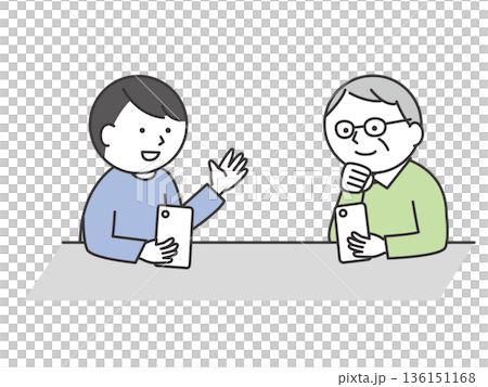 スマホの操作を学ぶシニアの男性と若い男性　デジタルワークショップに参加する多世代の日本人イラスト 136151168