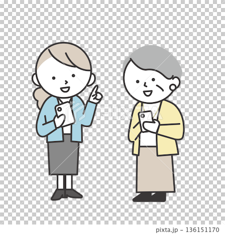 A young woman explaining how to use a smartphone to a senior woman. Illustration of a Japanese person providing digital support. A young woman explaining how to use a smartphone to a senior woman. Illustration of a Japanese person providing digital support. 136151170