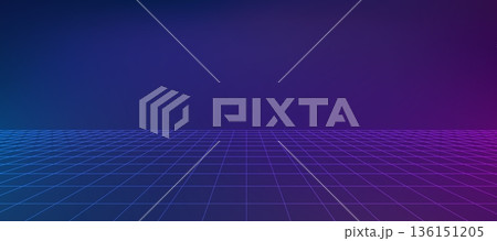 Neon AI pixel gradient bg. Blue, pink and purple gradient background. Abstract digital texture with line grid room. Vibrant cyber futuristic texture. Modern vector illustration. 136151205