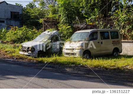 Abandoned vans overgrown with vegetation parked on roadside for decay and environmental reclamation concept Abandoned vans overgrown with vegetation parked on roadside for decay and environmental reclamation concept 136151227