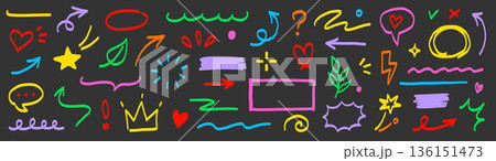 Marker line hand drawn arrow, highlight scribble set. Sketch color hand drawn marker line arrowbrush element shape graphic. Doodle scribble paint underline, circle frame icons. Vector Marker line hand drawn arrow, highlight scribble set. Sketch color hand drawn marker line arrowbrush element shape graphic. Doodle scribble paint underline, circle frame icons. Vector 136151473
