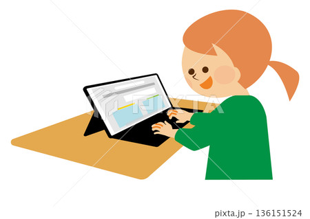 タブレット端末で授業を受ける生徒　イラスト素材 136151524