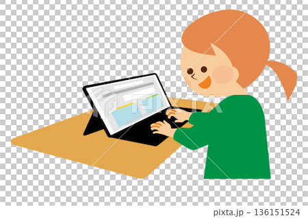 タブレット端末で授業を受ける生徒　イラスト素材 136151524
