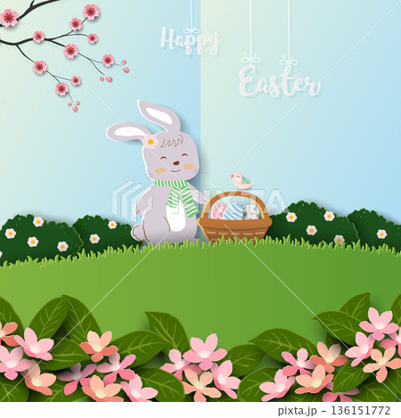 Happy Easter greeting card,cute bunny happy on beautiful spring garden for banners,flyers,social media or wallpaper Happy Easter greeting card,cute bunny happy on beautiful spring garden for banners,flyers,social media or wallpaper 136151772