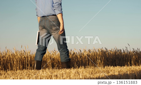 man wearing blue jeans blue shirt standing field. holding book hand, Business growth through smart farming, Data driven decisions agriculture, Precision farming with tablets, Efficiency wheat man wearing blue jeans blue shirt standing field. holding book hand, Business growth through smart farming, Data driven decisions agriculture, Precision farming with tablets, Efficiency wheat 136151883