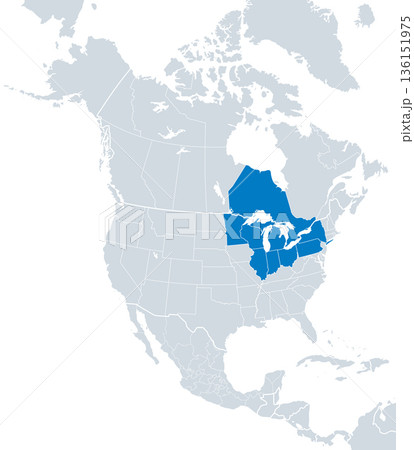 Great Lakes Region of North America, political map. Highlighted in blue, a region, centered on the Great Lakes, including 8 U.S. states and Canadian province of Ontario. Isolated illustration. Vector Great Lakes Region of North America, political map. Highlighted in blue, a region, centered on the Great Lakes, including 8 U.S. states and Canadian province of Ontario. Isolated illustration. Vector 136151975