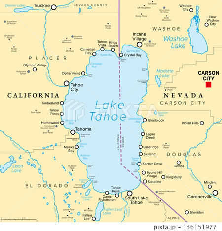 Lake Tahoe in the Western United States, political map. Freshwater lake in the Sierra Nevada straddling the border between U.S. states California and Nevada. North Americas largest alpine lake. Vector Lake Tahoe in the Western United States, political map. Freshwater lake in the Sierra Nevada straddling the border between U.S. states California and Nevada. North Americas largest alpine lake. Vector 136151977