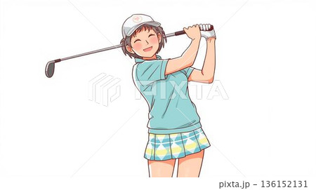 ゴルフを楽しむアクティブシニア女性のイラスト　健康的で明るいライフスタイル 136152131