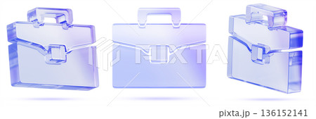 3d crystal glass briefcase set with purple blue holographic gradient. Business portfolio, document case, office bag or suitcase for web or ui design, isolated transparent render icons. 3D illustration 136152141