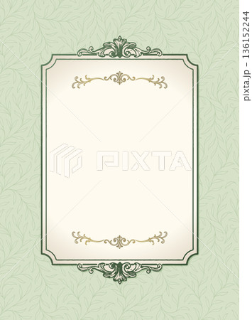 淡いグリーンのボタニカル柄背景と縦長フレーム　ナチュラルなアンティーク調の飾り枠素材 136152244
