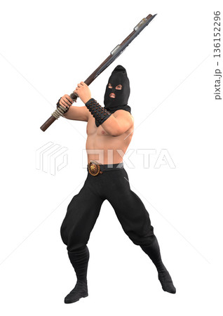 3D Warrior in Black Mask Holding Large Battle Axe 3D Warrior in Black Mask Holding Large Battle Axe 136152296
