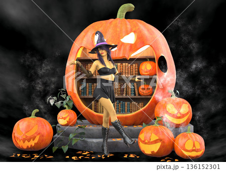 3D Witch in Library Pumpkin 136152301