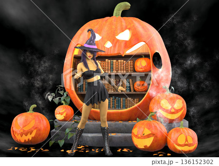 3D Witch in Library Pumpkin 136152302