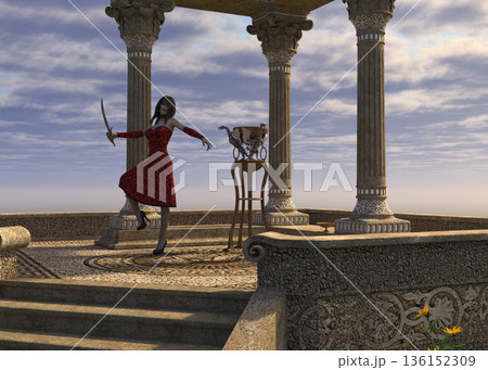 3D Woman in Red Dress at Ancient Temple 136152309