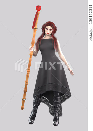 Dark Sorceress with Magic Staff 3D Illustration 136152311