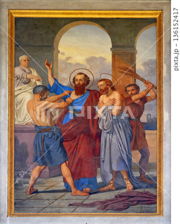 The fresco with the image of the life of St. Paul: Paul and Silas are Whipped in Philippi, basilica of Saint Paul Outside the Walls, Rome, Italy The fresco with the image of the life of St. Paul: Paul and Silas are Whipped in Philippi, basilica of Saint Paul Outside the Walls, Rome, Italy 136152417