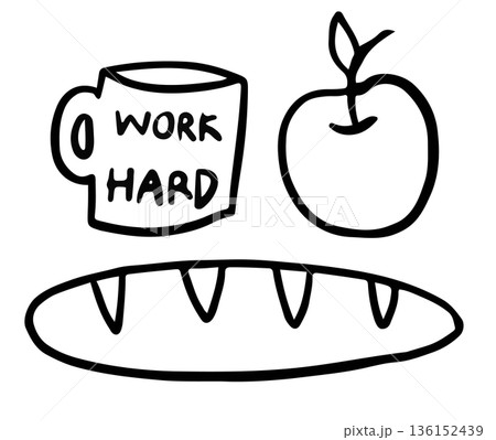 Cute hand drawn outline of bread loaf, coffee mug, apple for bakery, pastry, cafe, restaurant, breakfast, lunch hour, menu, recipe, snack, food, office workers, grocery shopping, colouring book, art 136152439
