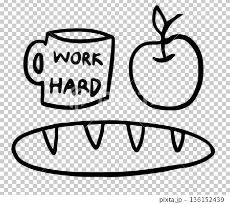 Cute hand drawn outline of bread loaf, coffee mug, apple for bakery, pastry, cafe, restaurant, breakfast, lunch hour, menu, recipe, snack, food, office workers, grocery shopping, colouring book, art Cute hand drawn outline of bread loaf, coffee mug, apple for bakery, pastry, cafe, restaurant, breakfast, lunch hour, menu, recipe, snack, food, office workers, grocery shopping, colouring book, art 136152439
