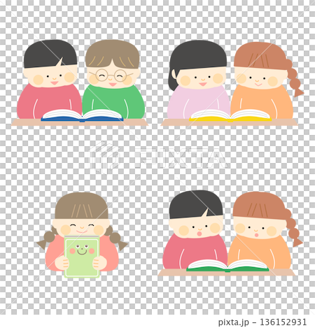 孩子們和朋友一起閱讀的插圖 孩子們和朋友一起閱讀的插圖 136152931