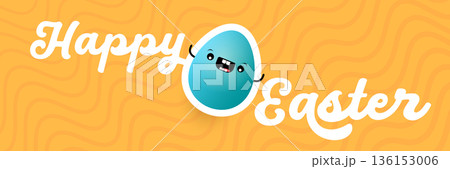 Happy Easter Bright orange horizontal header with text and friendly egg mascot character. Trendy seasonal banner for website backgrounds, social media promotions, and retail shop advertisements. Happy Easter Bright orange horizontal header with text and friendly egg mascot character. Trendy seasonal banner for website backgrounds, social media promotions, and retail shop advertisements. 136153006