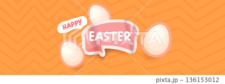 Happy Easter Bright orange horizontal header with text and friendly egg mascot character. Trendy seasonal banner for website backgrounds, social media promotions, and retail shop advertisements. 136153012