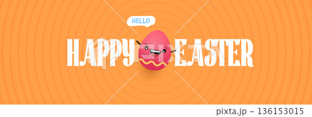 Happy Easter Bright orange horizontal header with text and friendly egg mascot character. Trendy seasonal banner for website backgrounds, social media promotions, and retail shop advertisements. 136153015