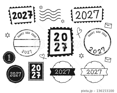 2027年の年号入りシンプルなスタンプ風の素材セット 黒 2027年の年号入りシンプルなスタンプ風の素材セット 黒 136153100
