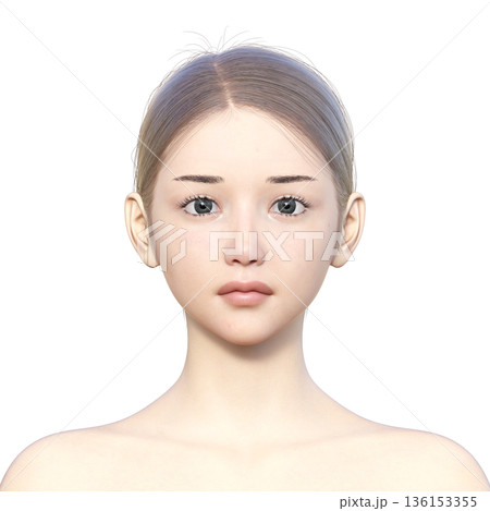 ノーメイク 素顔 すっぴんの女性の顔 上半身 顔面アップ 136153355