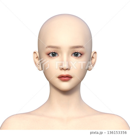 坊主頭 スキンヘッドの女性の顔 上半身 顔面アップ 坊主頭 スキンヘッドの女性の顔 上半身 顔面アップ 136153356