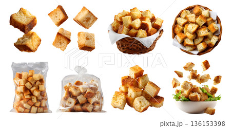 Set of Croutons, small seasoned cubes piece of toasted baked fried bread bun crust, rattan basket, takeout plastic bag, salad, stack pile slice broken, transparent cutout PNG. Many different mockup 136153398