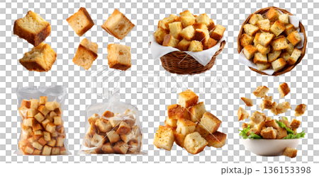 Set of Croutons, small seasoned cubes piece of toasted baked fried bread bun crust, rattan basket, takeout plastic bag, salad, stack pile slice broken, transparent cutout PNG. Many different mockup 136153398