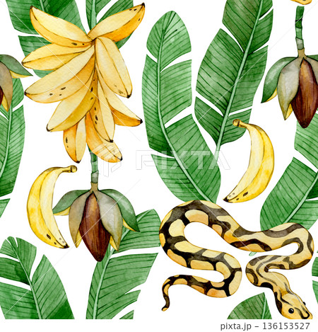 Watercolor banana seamless pattern with tropical leaves, flowers and banana palm fruits. Watercolor banana seamless pattern with tropical leaves, flowers and banana palm fruits. 136153527