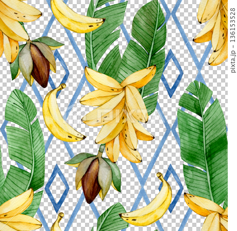 Watercolor banana seamless pattern with tropical banana palm leaves on tile ornament background 136153528