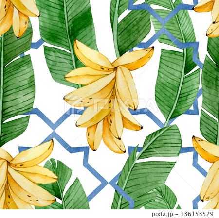 Watercolor banana seamless pattern with tropical banana palm leaves on tile ornament background Watercolor banana seamless pattern with tropical banana palm leaves on tile ornament background 136153529