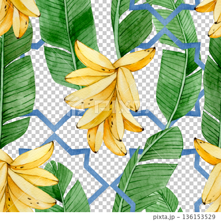 Watercolor banana seamless pattern with tropical banana palm leaves on tile ornament background Watercolor banana seamless pattern with tropical banana palm leaves on tile ornament background 136153529