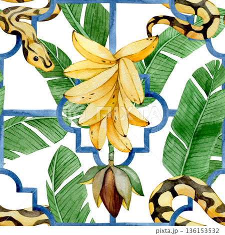 Watercolor banana seamless pattern with tropical banana palm leaves on tile ornament background 136153532
