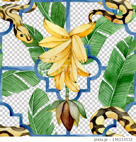 Watercolor banana seamless pattern with tropical banana palm leaves on tile ornament background 136153532