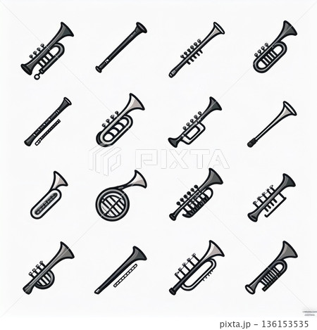 管楽器トランペットなどのシンプルアイコンセット 136153535