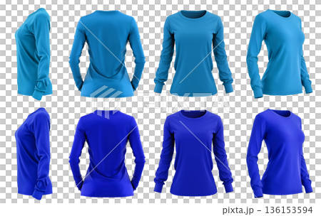 2 Set of woman dark light blue turquoise front, back and side view round neck long sleeve tee shirt t-shirt on transparent background cutout, PNG file. Mockup template for artwork graphic 2 Set of woman dark light blue turquoise front, back and side view round neck long sleeve tee shirt t-shirt on transparent background cutout, PNG file. Mockup template for artwork graphic 136153594