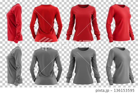 2 Set of woman red maroon grey gray front, back and side view round neck long sleeve tee shirt t-shirt on transparent background cutout, PNG file. Mockup template for artwork graphic 136153595