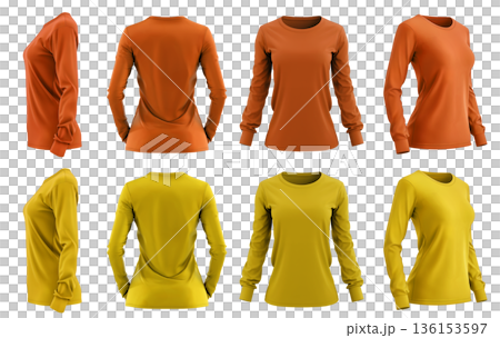 2 Set of woman yellow orange mustard front, back and side view round neck long sleeve tee shirt t-shirt on transparent background cutout, PNG file. Mockup template for artwork graphic 136153597