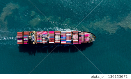 Aerial view container ship carrier container on the sea, Global business logistics and Global trade transportation, Container ship freight shipping import export logistics supply chain. Aerial view container ship carrier container on the sea, Global business logistics and Global trade transportation, Container ship freight shipping import export logistics supply chain. 136153671