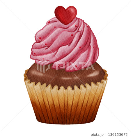 Watercolor Chocolate Cupcake with Pink Cream and Heart Topping, Illustration Isolated on White Background. 136153675