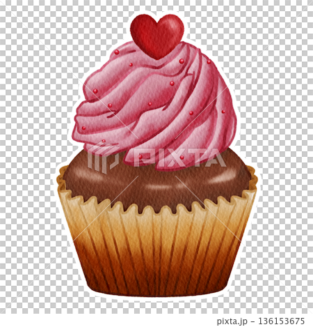 Watercolor Chocolate Cupcake with Pink Cream and Heart Topping, Illustration Isolated on White Background. 136153675