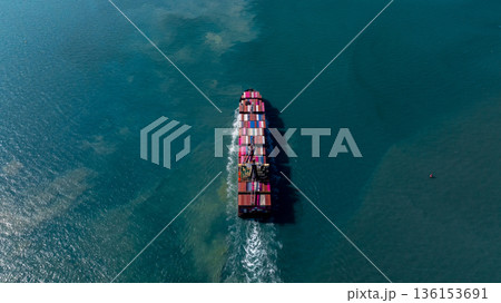 Aerial view container ship carrier container on the sea, Global business logistics and Global trade transportation, Container ship freight shipping import export logistics supply chain. 136153691